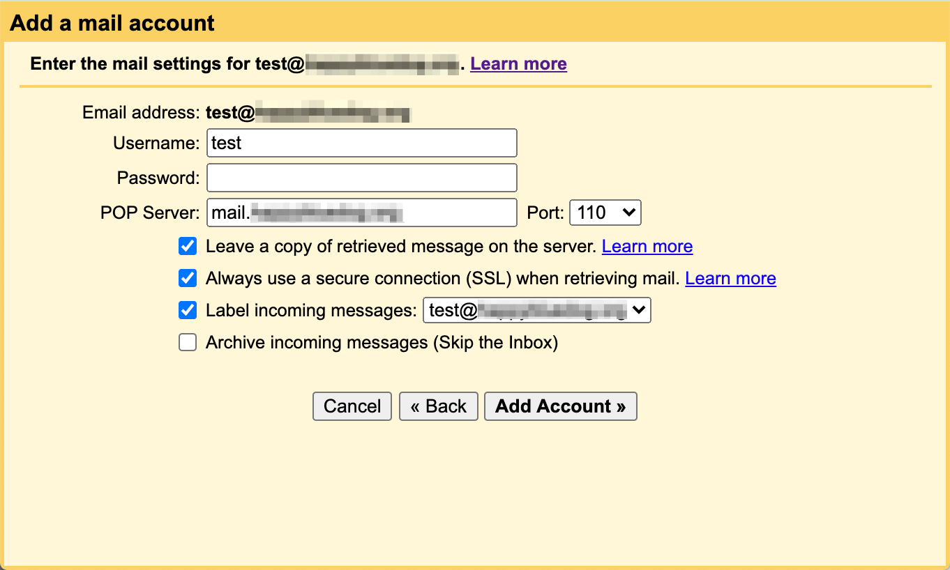 Saisie des détails du compte de messagerie pour connecter Gmail à un domaine personnalisé.