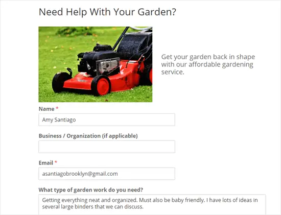 Envoi d'une entrée de formulaire de test via votre formulaire de travail de jardin WPForms