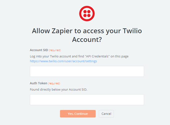 Donnez à Zapier l'accès à votre compte Twilio en saisissant le SID de votre compte Twilio et le jeton d'authentification
