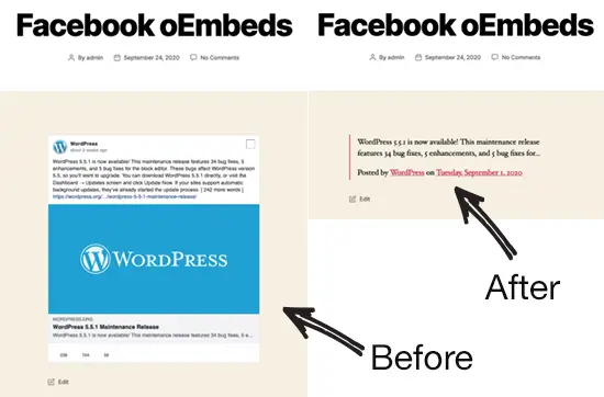 Facebook oEmbed avant et après