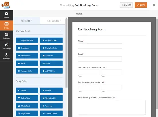 Créer un formulaire de réservation d'appels dans WPForms