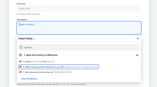 Sélectionnez le champ de formulaire que vous souhaitez utiliser pour la description de l'événement Google Agenda