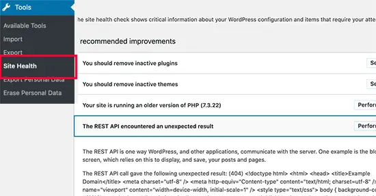Erreur de l'API REST dans la santé du site WordPress