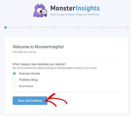 Sélectionnez la catégorie de site Web sur MonsterInsights