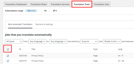 Sélection de votre contenu pour une traduction automatique en masse