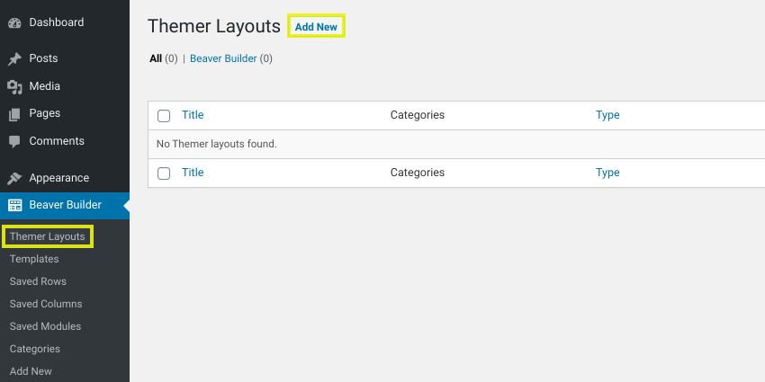L'écran 'Themer Layouts' dans le plugin WordPress Beaver Builder.