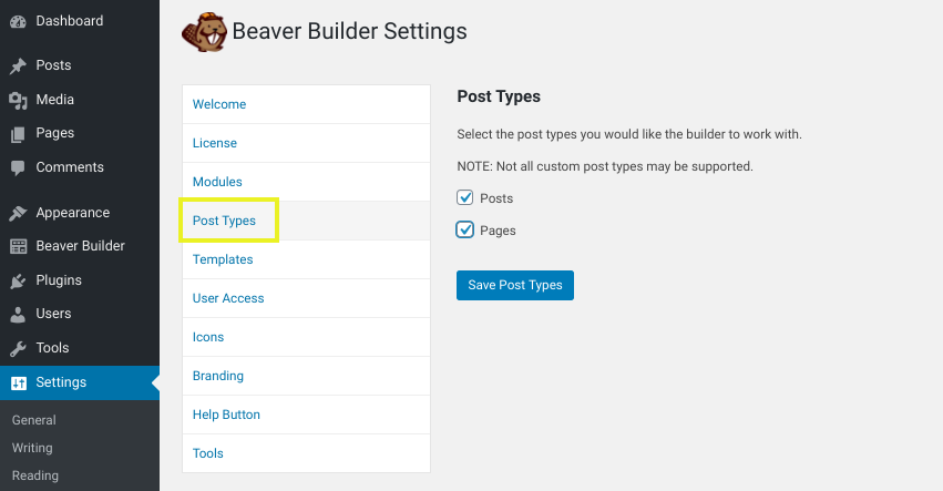 Les paramètres de type de publication du plugin Beaver Builder.