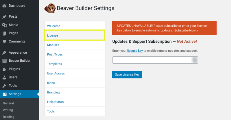 La page des paramètres du plugin Beaver Builder dans WordPress.