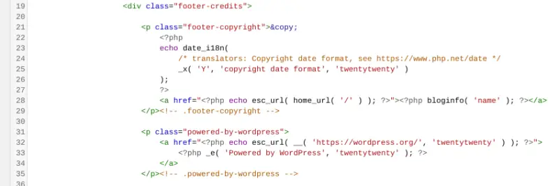 Le code de pied de page 'Powered by WordPress' dans le fichier 'footer.php' de l'éditeur de thème WordPress.
