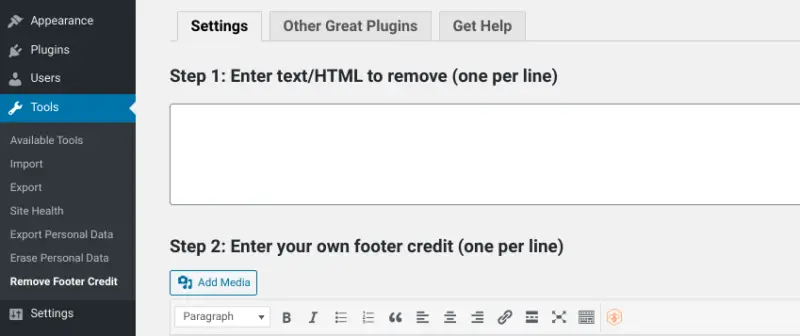 La page des paramètres du plugin WordPress Remove Footer Credit.