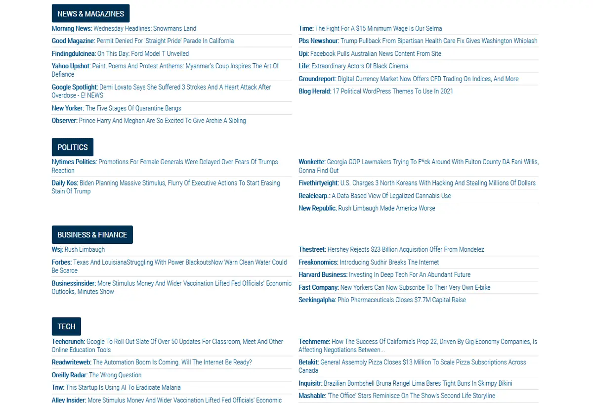 Un exemple de site Web d'agrégation de contenu d'une seule page avec des listes de liens vers divers autres sites.