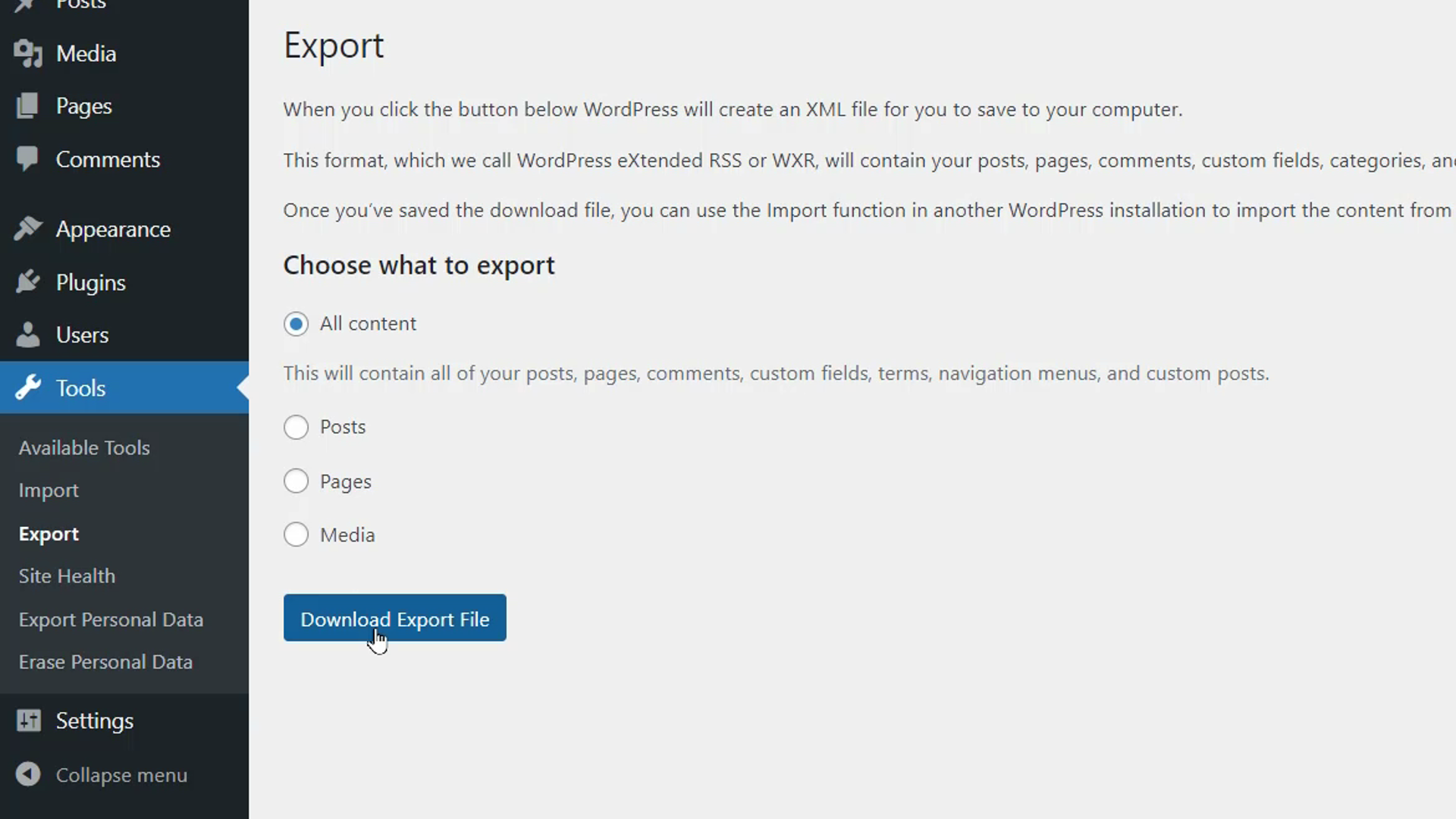 Exporter du contenu wordpress