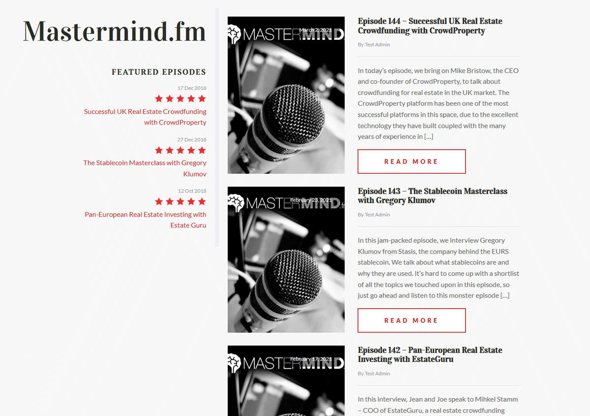 Une capture d'écran montrant les épisodes de podcast sous forme d'articles de blog créés par Feed to Post.
