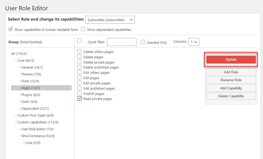 Capture d'écran de la mise à jour des capacités d'un rôle à l'aide du plugin User role Editor