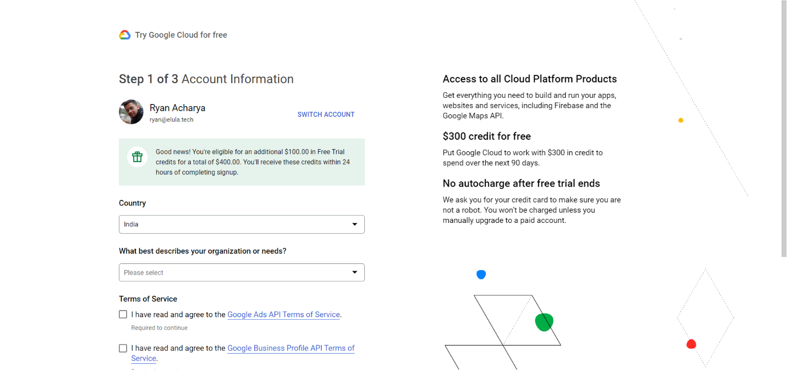 Créer un compte basé sur Google Cloud