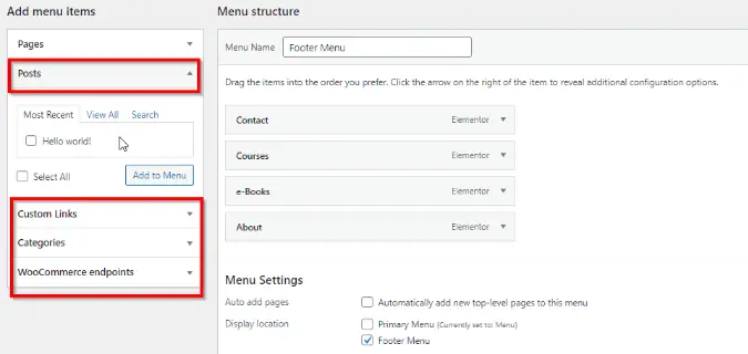 Fenêtre Ajouter des éléments de menu de Ajouter un nouveau menu