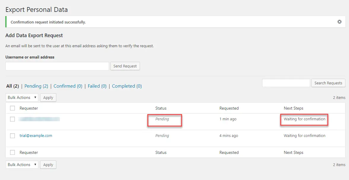 capture d'écran des paramètres d'exportation des données personnelles pour l'article sur les fonctionnalités WooCommerce GDPR.