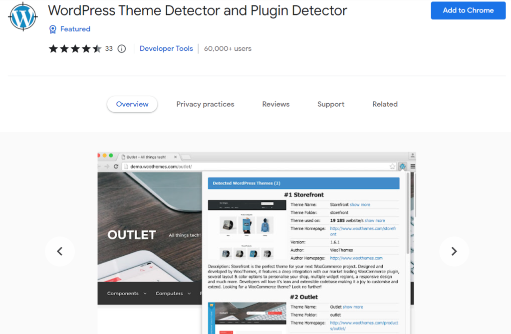 Thème WordPress et détecteur de plugins pour Google Chrome