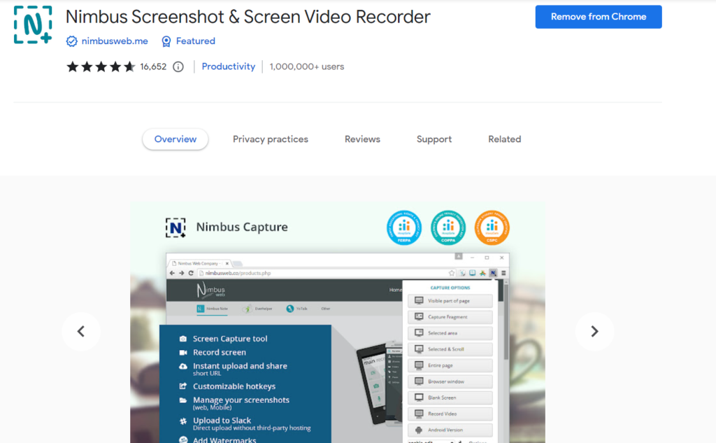 Capture d'écran Nimbus et enregistreur vidéo d'écran pour Google Chrome