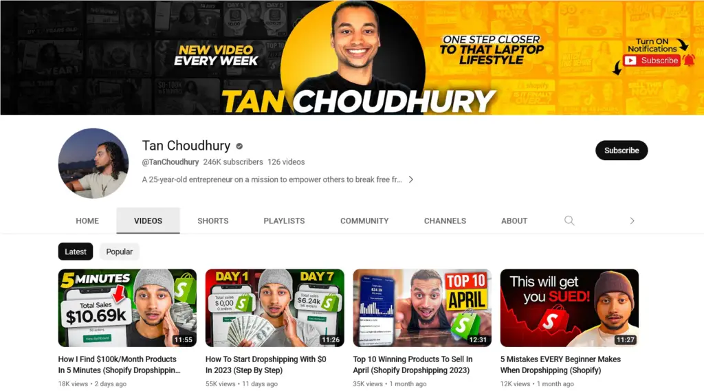 Chaînes YouTube Shopify Dropshipping - Tan Choudhury