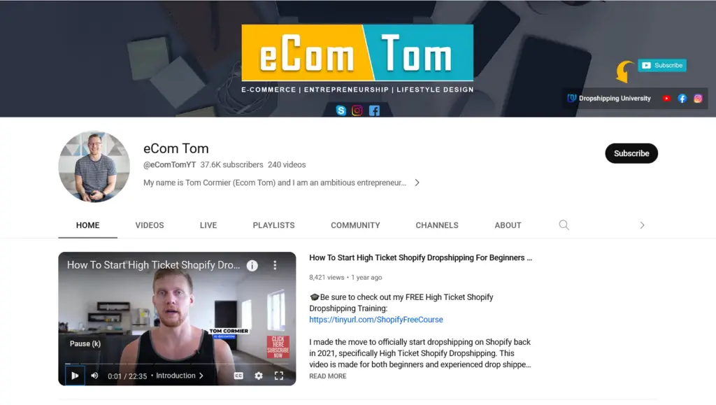 Chaînes YouTube Shopify Dropshipping - eCom Tom