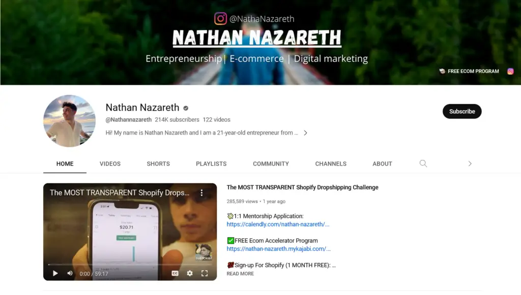 Chaînes YouTube Shopify Dropshipping - Nathan Nazareth