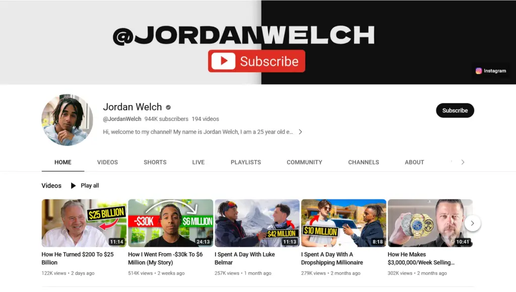 Chaînes YouTube Shopify Dropshipping - Jordan Welch