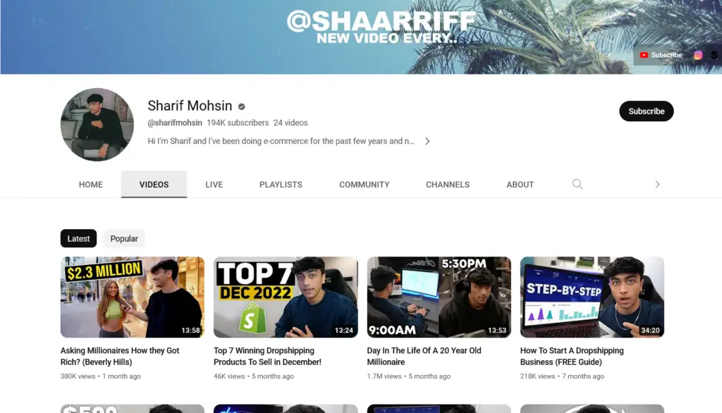 Chaînes YouTube Shopify Dropshipping - Sharif Mohsin