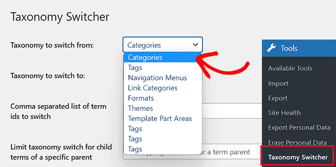 Choisissez l'option des catégories dans la taxonomie pour passer du menu déroulant