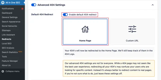 Activation de la redirection 404 par défaut dans AIOSEO