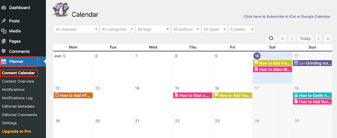 Un exemple de calendrier de contenu WordPress