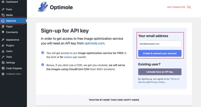 Inscrivez-vous pour une clé API Optimole