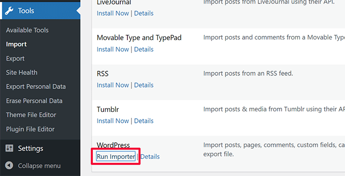 Exécutez l'importateur WordPress