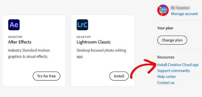 Cliquez sur Installer l'application Creative Cloud