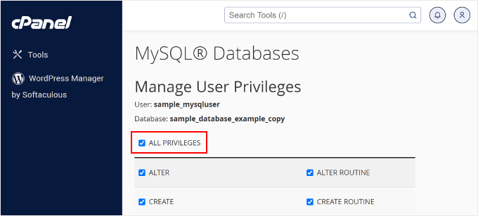 Cocher l'option Tous les privilèges lors de l'ajout d'un nouvel utilisateur MySQL sur cPanel