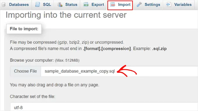 Choisir un fichier SQL à importer dans phpMyAdmin