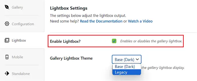 Activer l'option lightbox