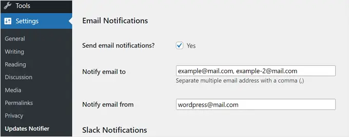 Les paramètres de notifications par e-mail dans le plugin WP Updates Notifier