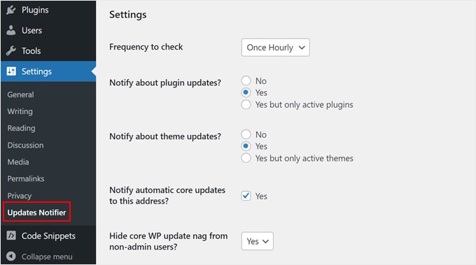 Paramètres du plugin WP Updates Notifier