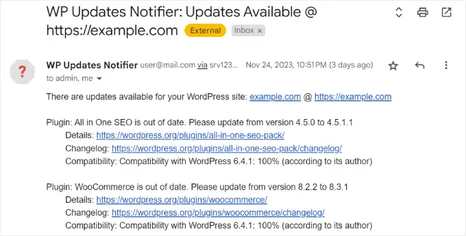 Exemple de l'email envoyé par WP Updates Notifier