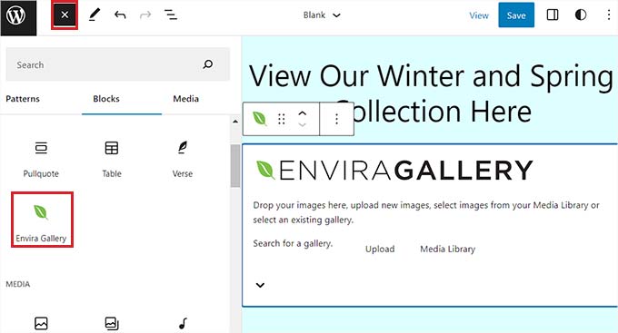 Ajouter le bloc Envira Gallery dans l'éditeur de site complet