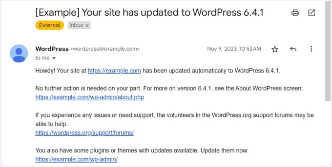 Exemple de notification par e-mail de mise à jour automatique WordPress