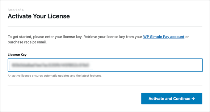 Il vous sera demandé de saisir votre clé de licence WP Simple Pay