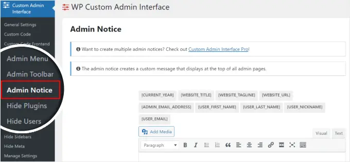 Les paramètres du plugin WP Custom Admin pour les notifications d'administrateur