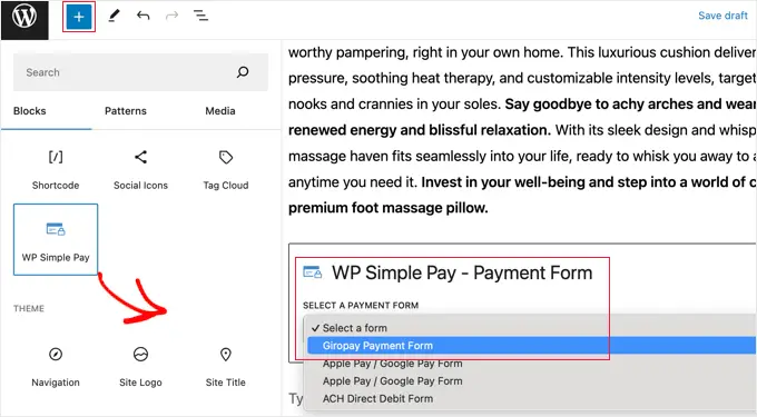 Ajout d'un bloc WP Simple Pay à une publication ou une page existante