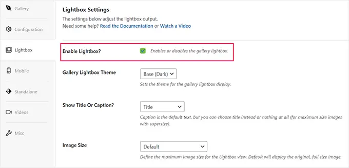 Activer l'option lightbox pour le portfolio vidéo