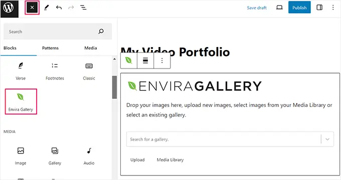 Ajouter le bloc Envira Gallery pour le portfolio vidéo