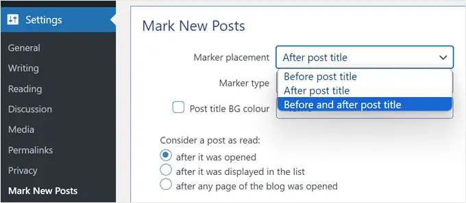 Sélection du nouveau placement du marqueur de publication dans le plugin Mark New Posts