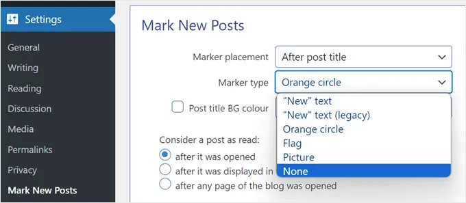 Sélection d'un nouveau type de marqueur de publication dans le plugin Mark New Posts