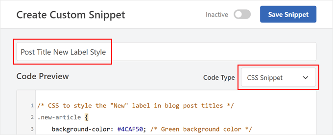 Création d'un code CSS pour personnaliser la nouvelle étiquette de publication dans WPCode